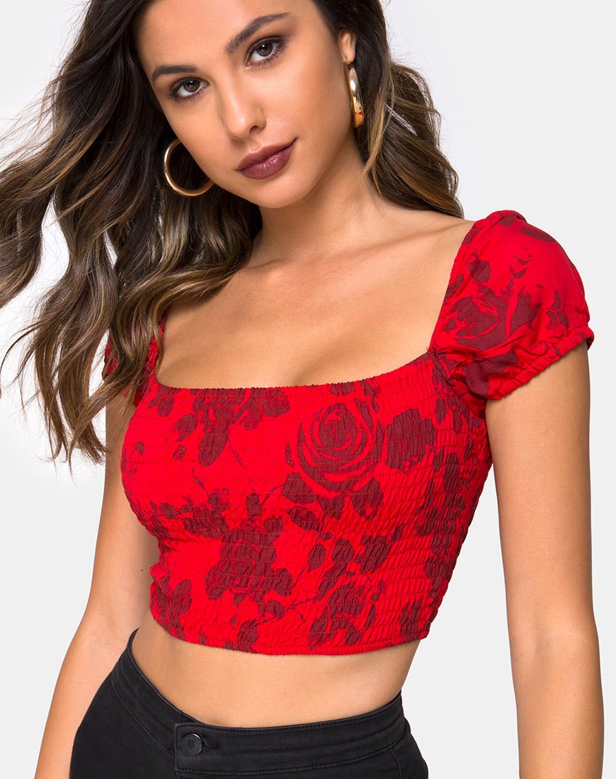 Alya Crop Top in Tonal Floral Red (Top court Alya à fleurs tonales rouges)