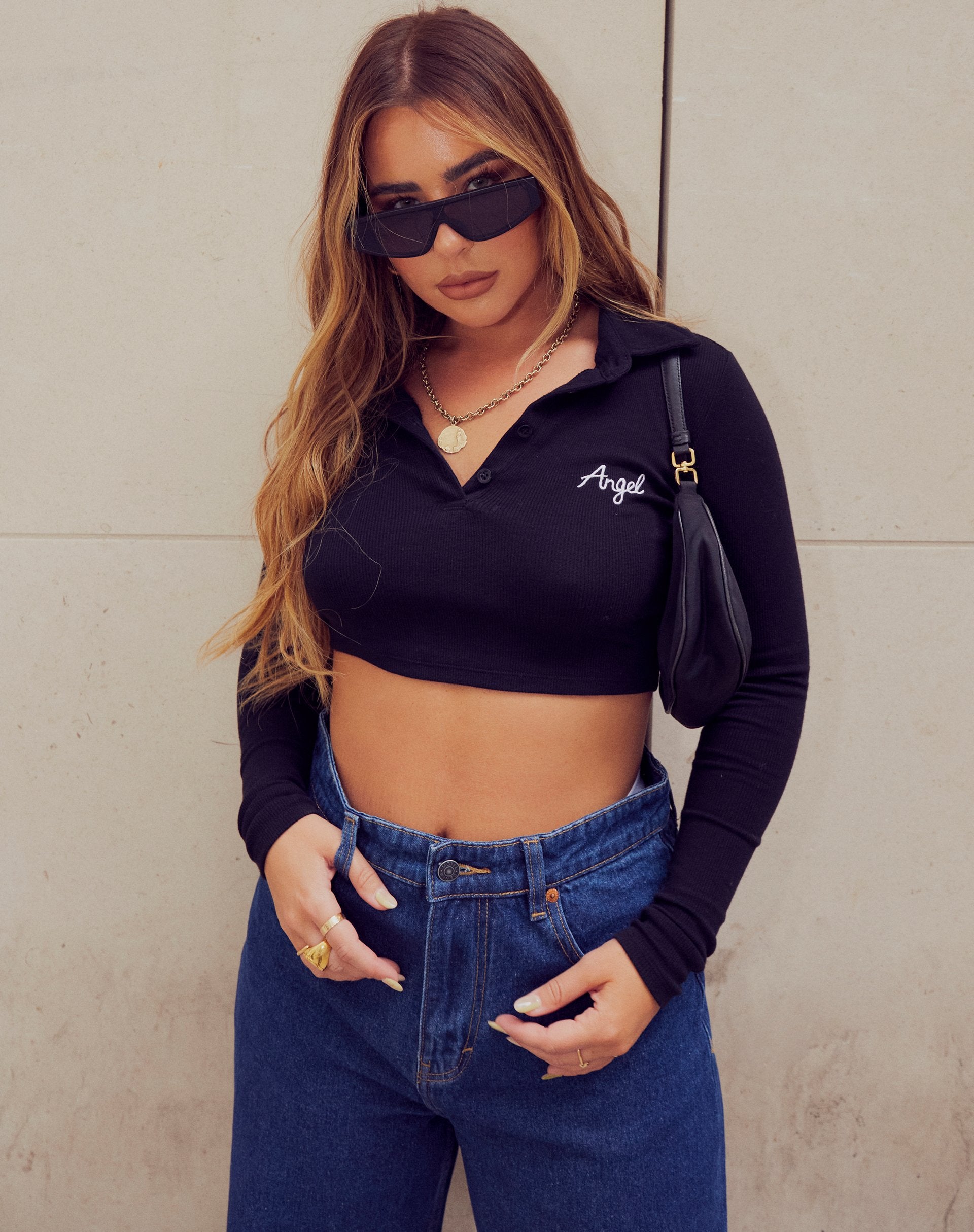 Image of Elody Crop Top in Rib Black "Angel" Embro