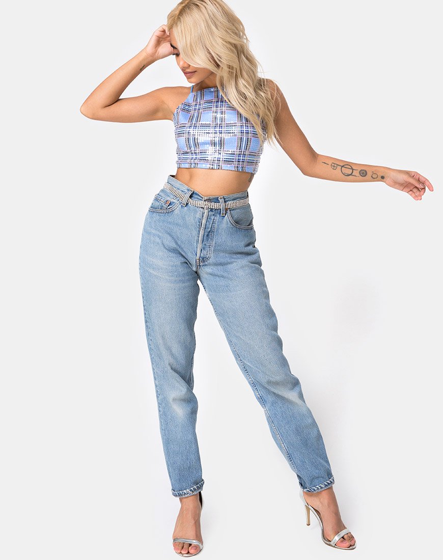 Image of Barilla Crop Top in 90s Check with Clear Sequin