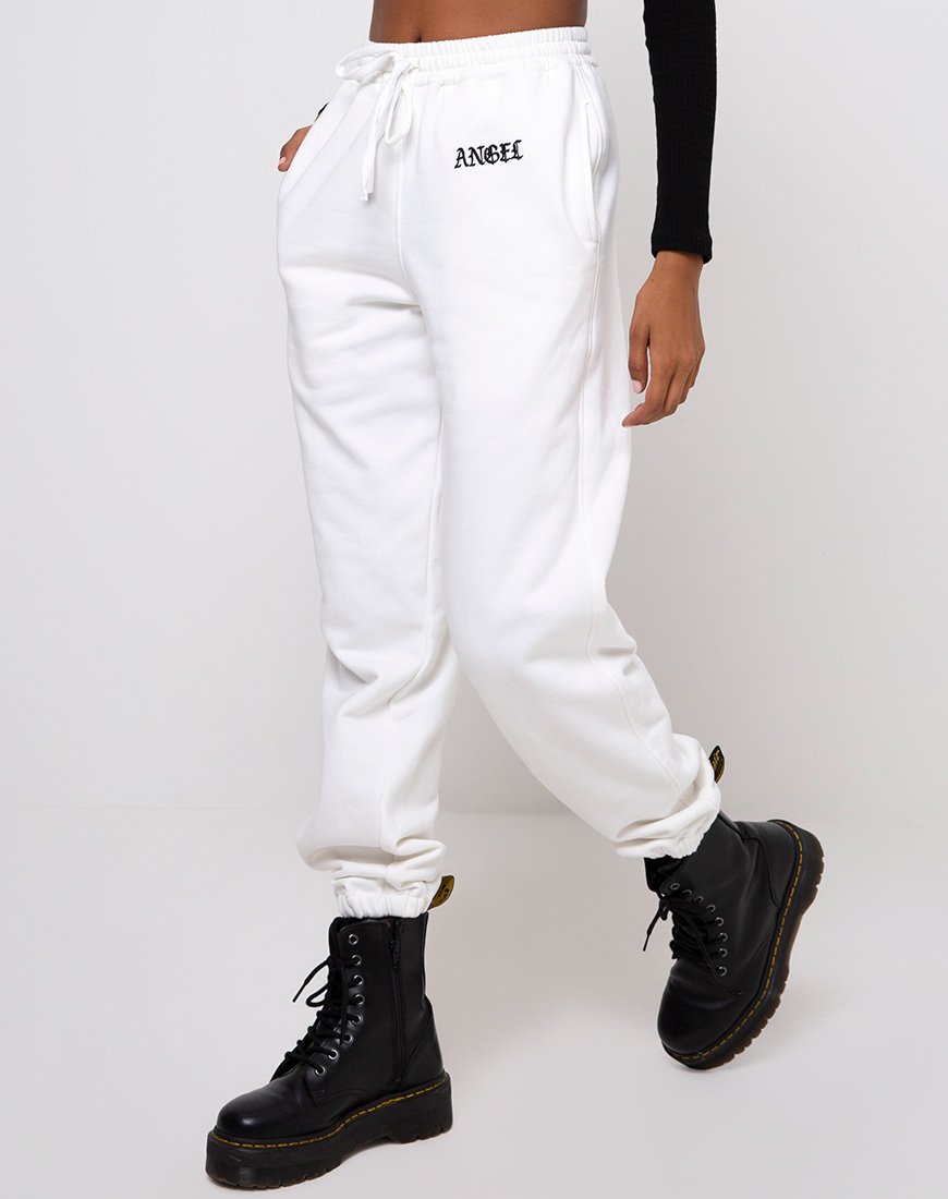 Pantalon de jogging Basta en blanc avec broderie 'Angel' en noir