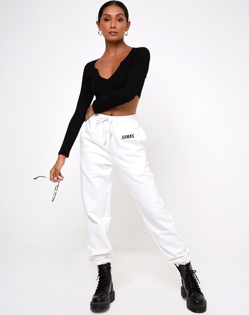Pantalon de jogging Basta en blanc avec broderie 'Angel' en noir
