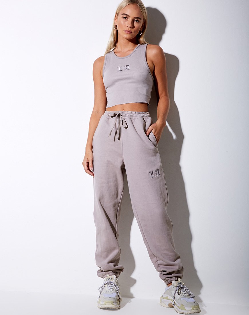 Pantalon de jogging Basta, couleur champignon, avec broderie 'LA