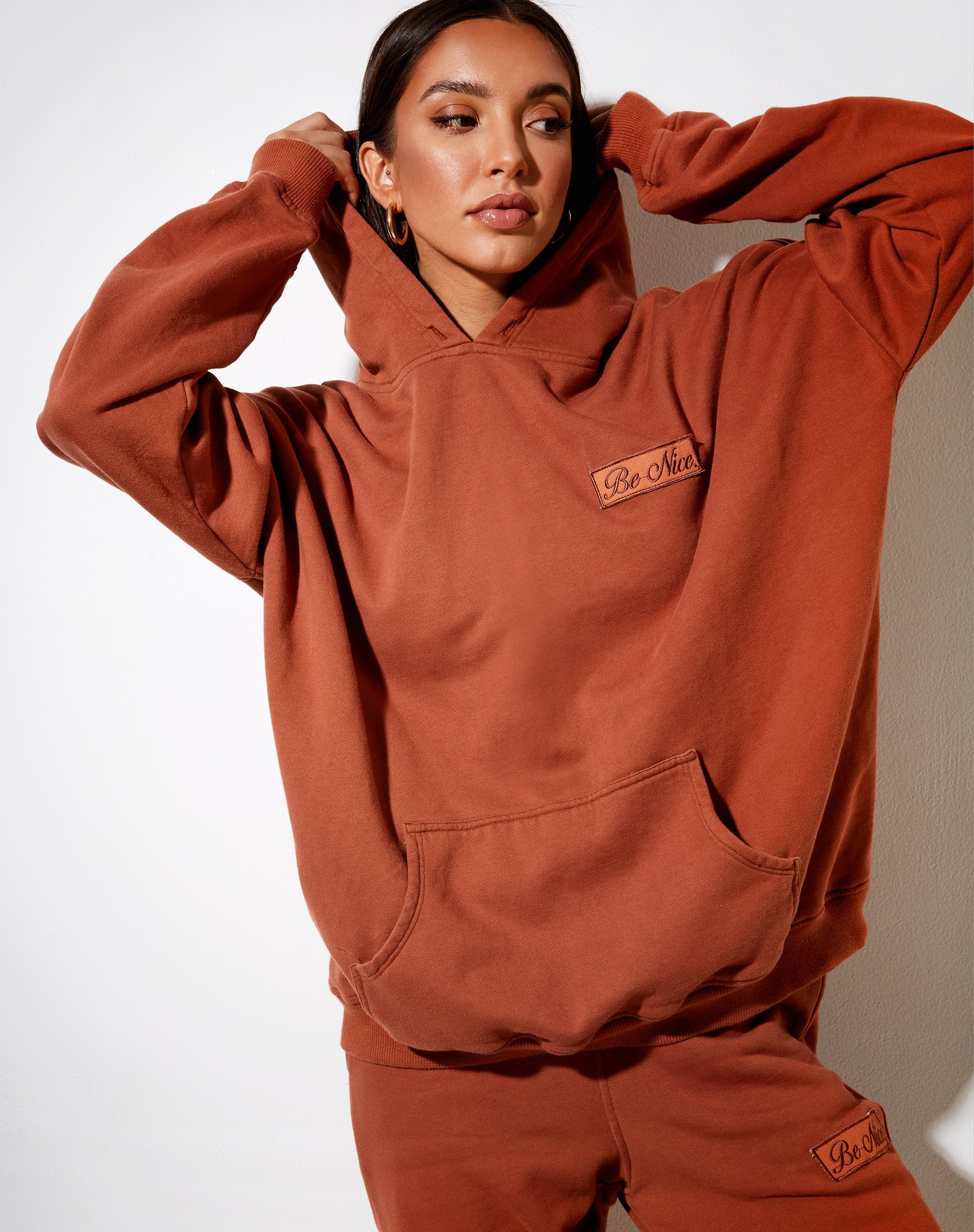 Image of Oversize Hoodie in Burnt Brick Be Nice Label Embro