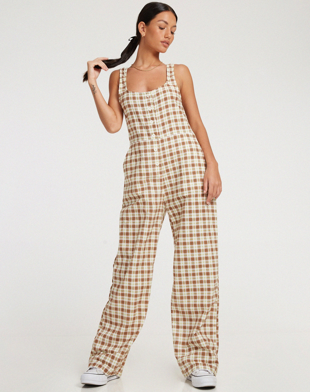 Beatrix Jumpsuit in Yellow Brown Check (Combinaison Beatrix à carreaux jaune et marron)