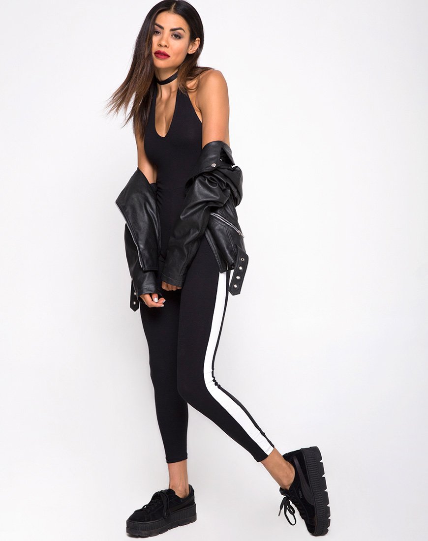Image of Beripe Plunge Unitard in Black with White Stripe