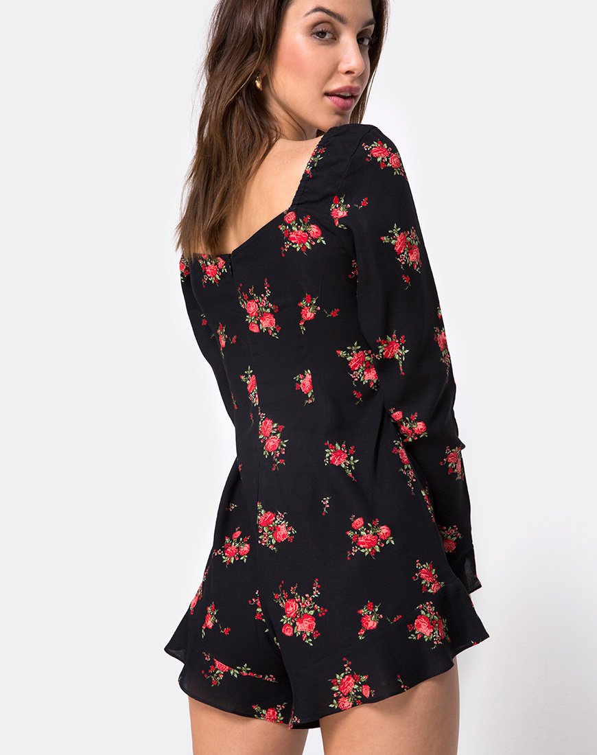 Image of Berlo Longsleeve Playsuit in Soi Rose Black and Red