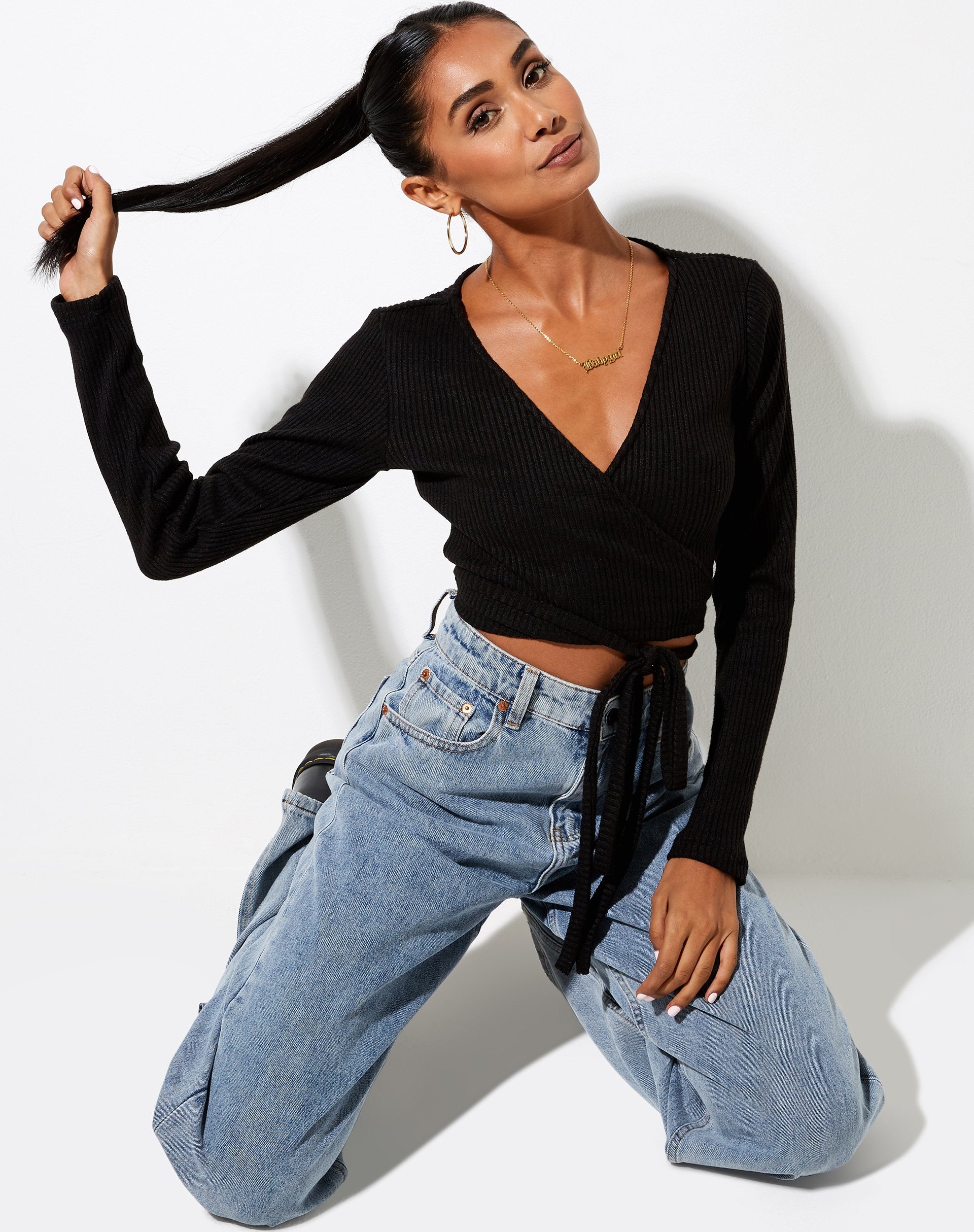 Image de Bianca Wrap Top in Rib Black