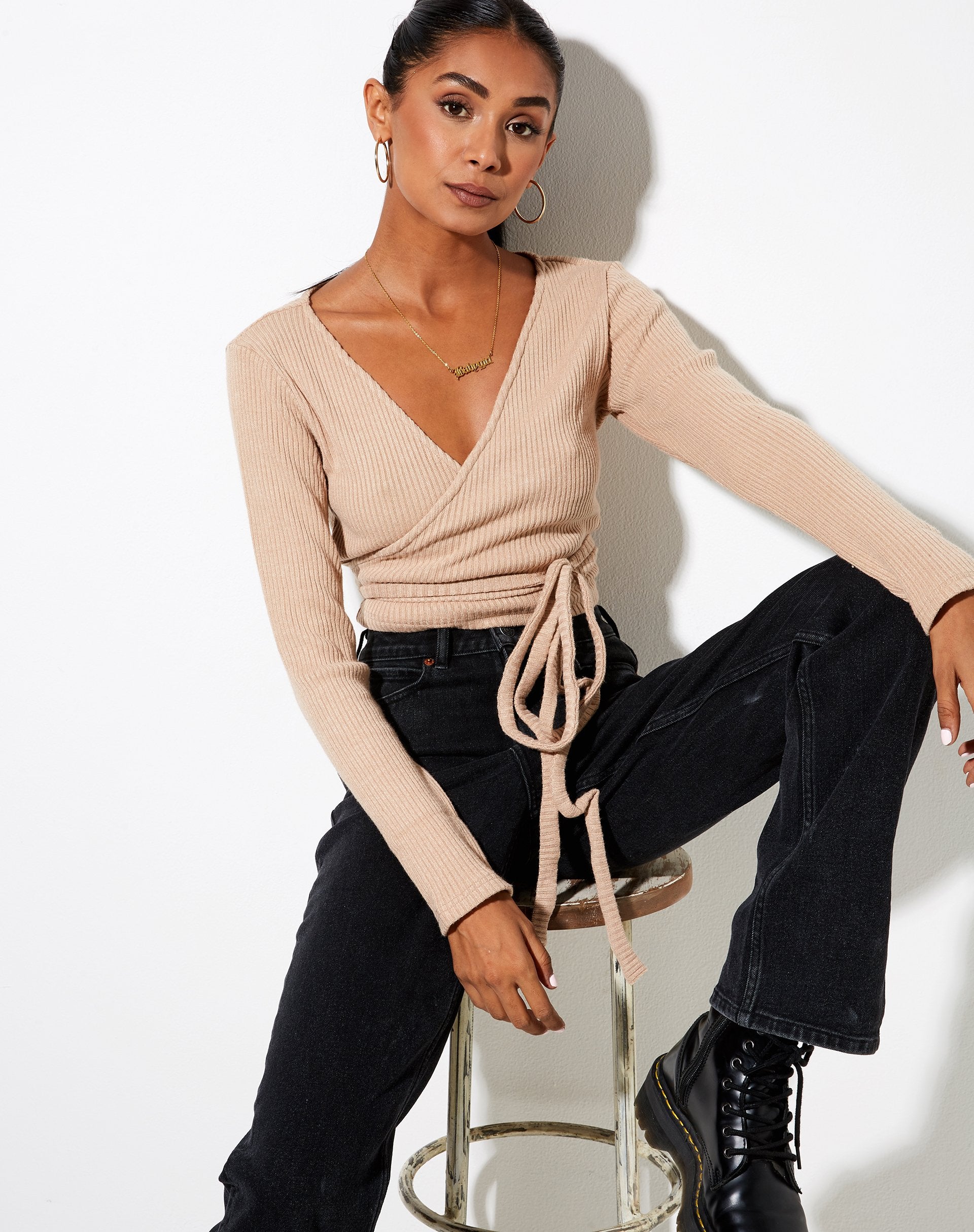 Image de Bianca Wrap Top in Rib Tan