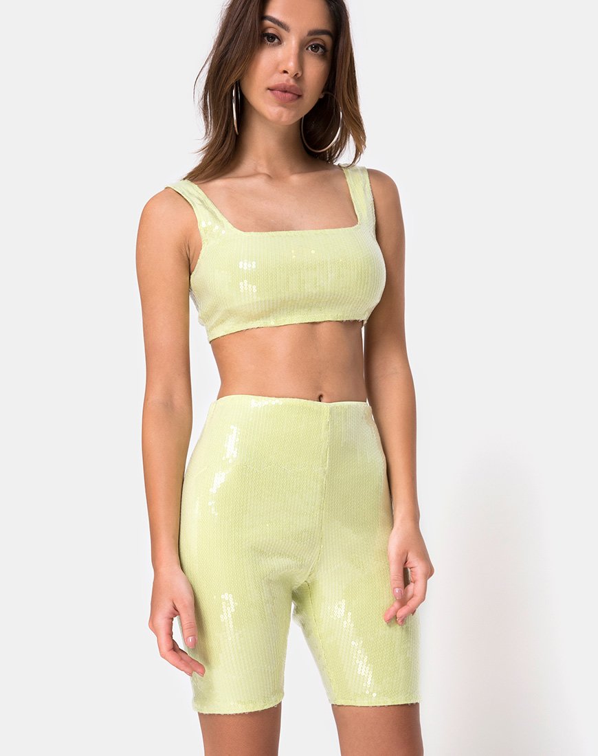 Short de vélo en vert pistache avec paillettes transparentes