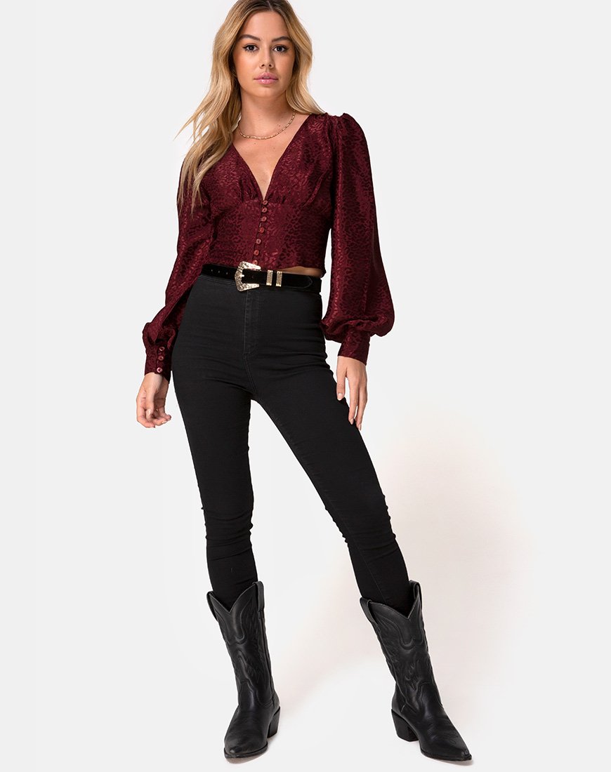 Image de Bina Crop Top in Satin Cheetah Burgundy