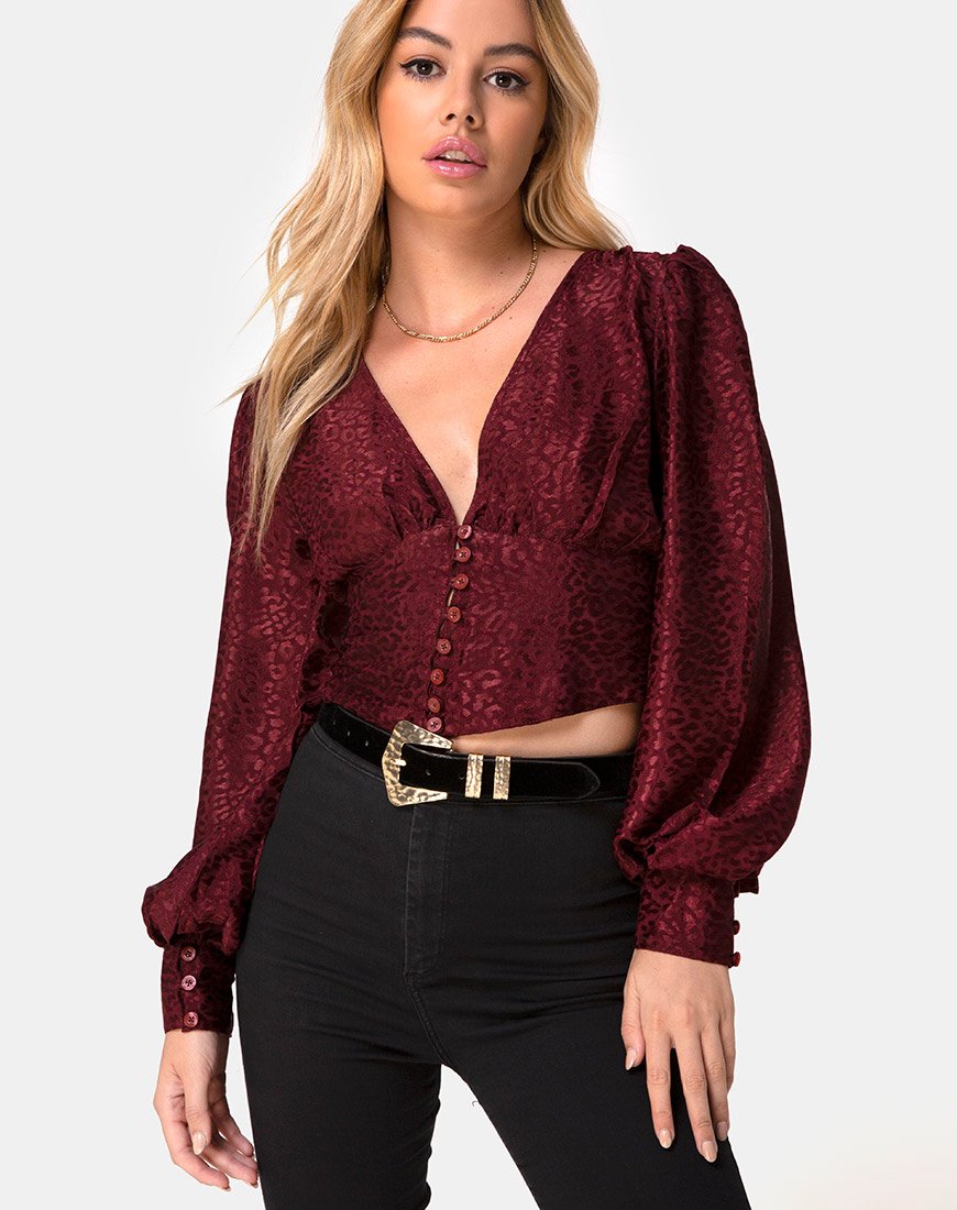 Top court Bina en satin Cheetah Burgundy