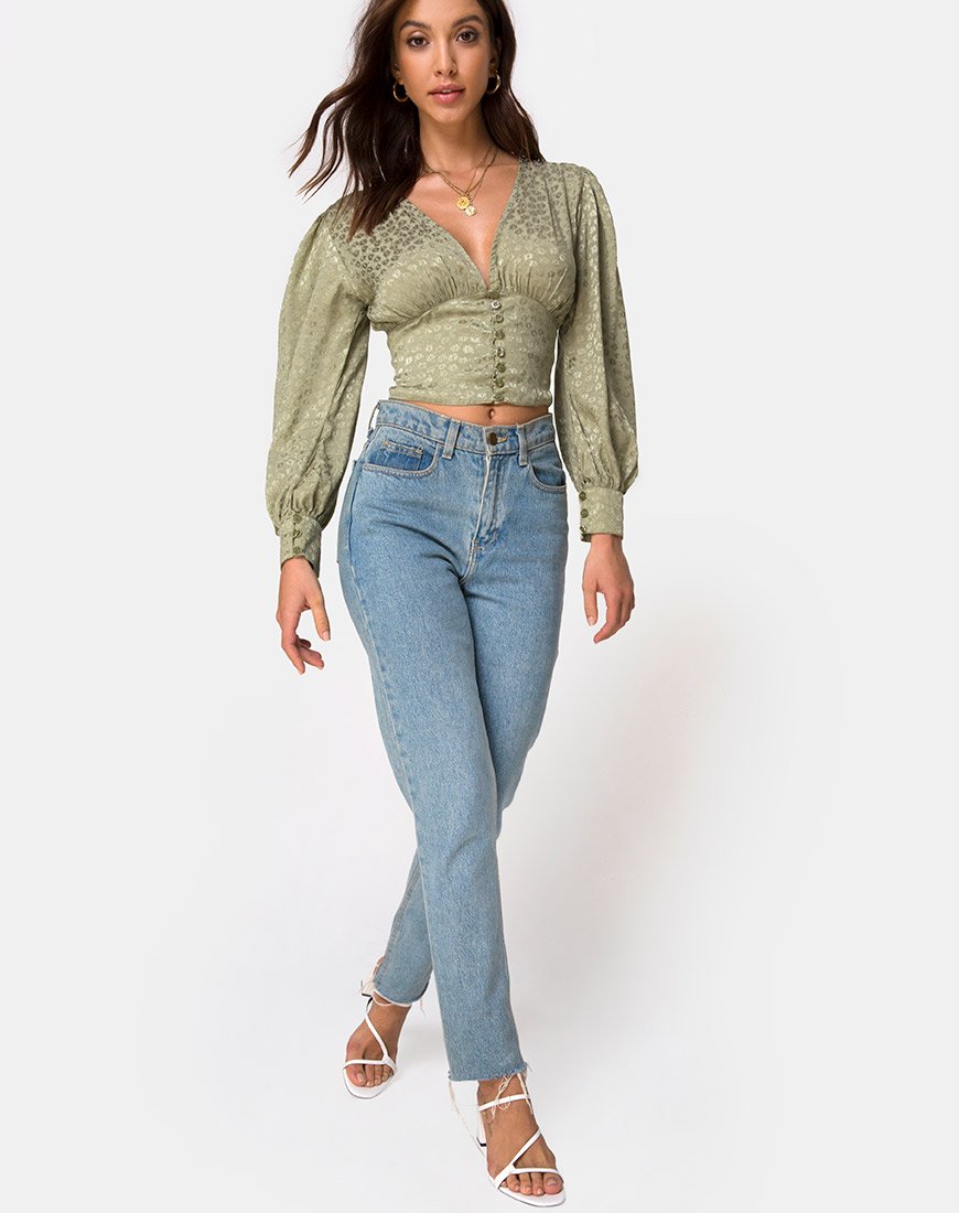 Image de Bina Long sleeve Top in Satin Ditsy Rose Sage