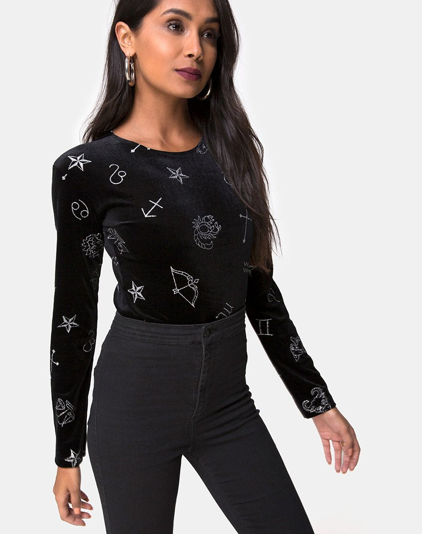 Corsage Bonella en velours noir à paillettes astro moyennes