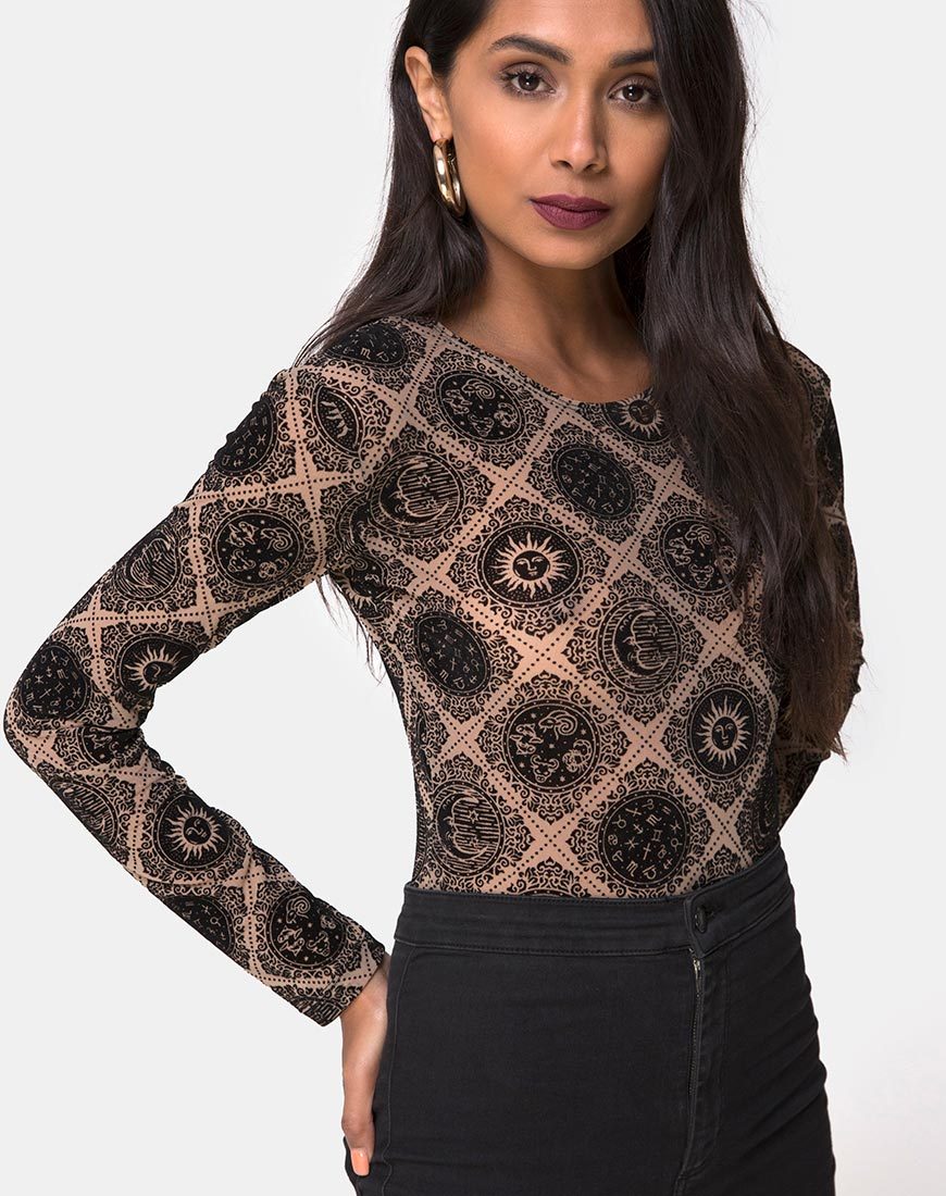 Image de Bonella Bodice Taupe Net with Black Sign Flock
