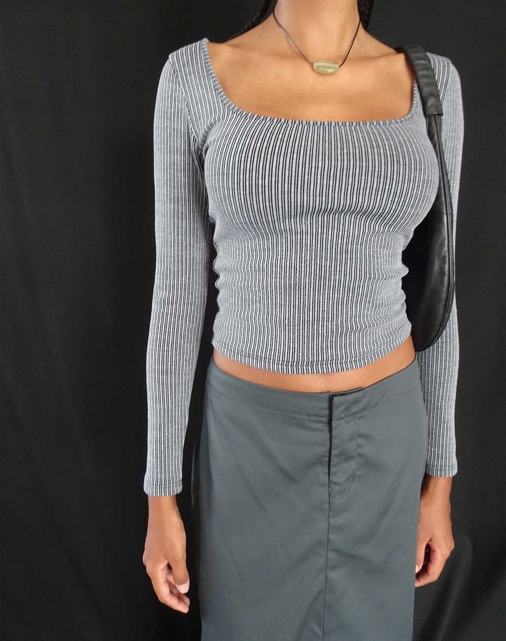 Bonlo Long Sleeve Top in Two Tone Rib Grey (Top à manches longues en côtes bicolores)