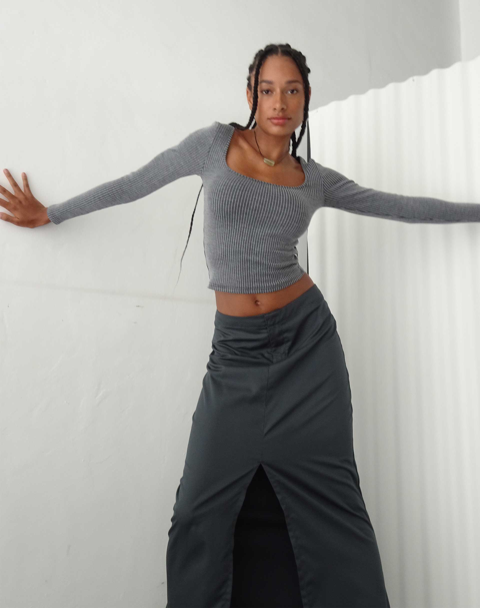 Image de Bonlo Long Sleeve Top in Two Tone Rib Grey