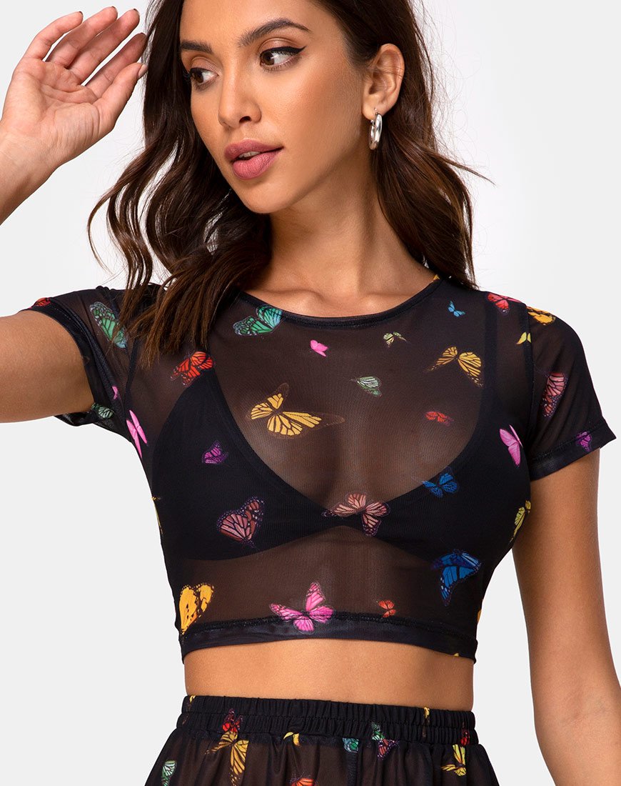 Image de Tiney Crop Top Tee in Mesh Black Butterfly