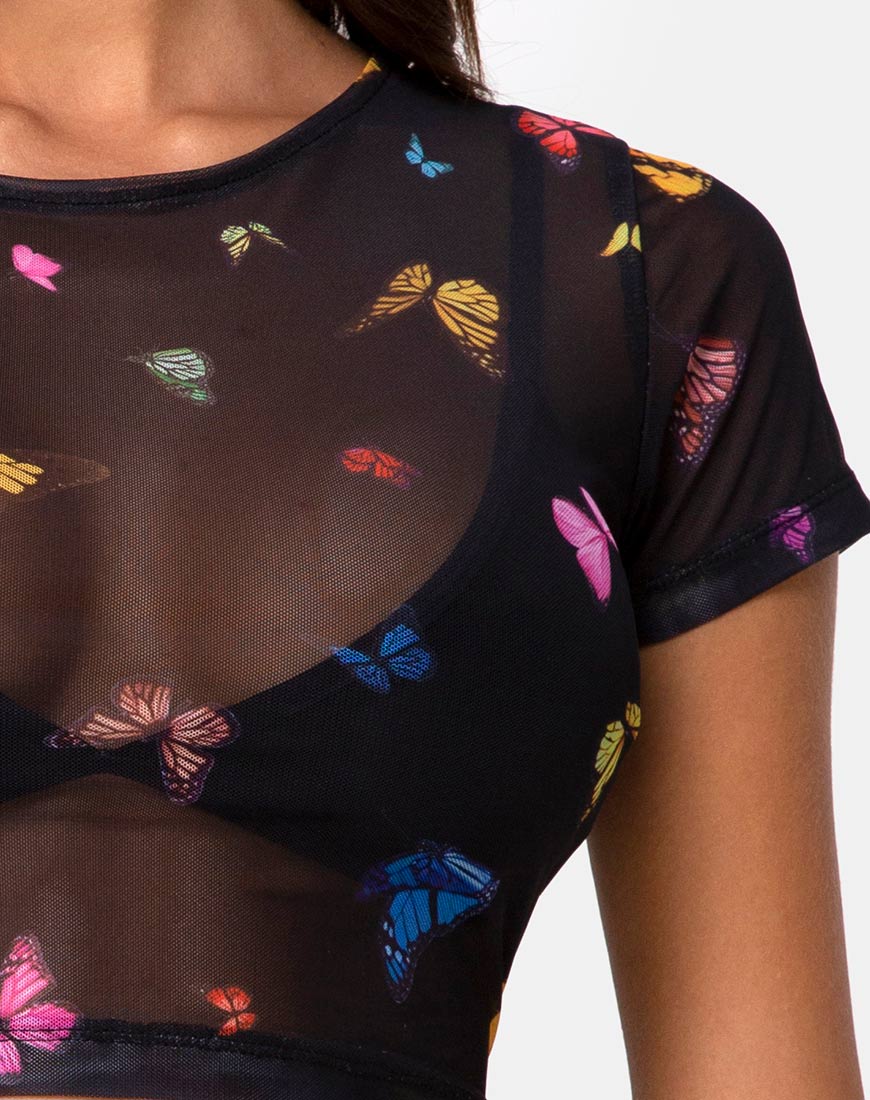 Image de Tiney Crop Top Tee in Mesh Black Butterfly