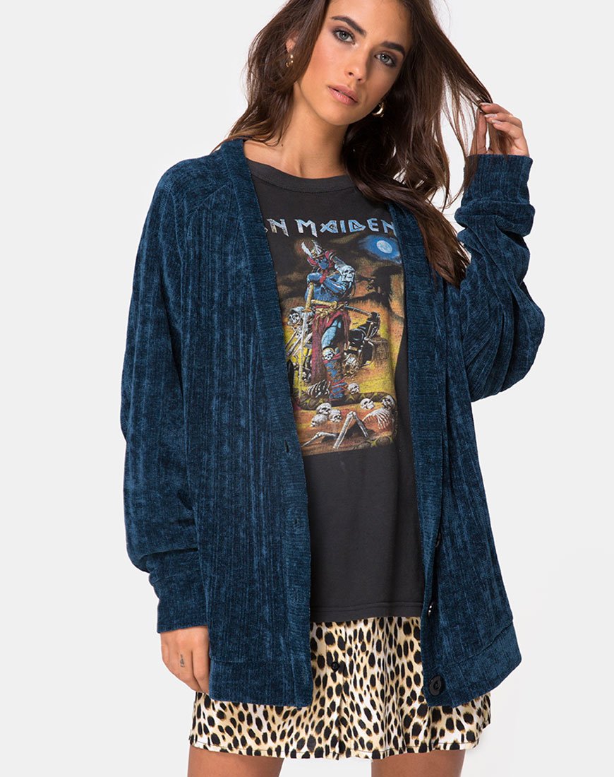 Cardigan boyfriend en chenille bleue