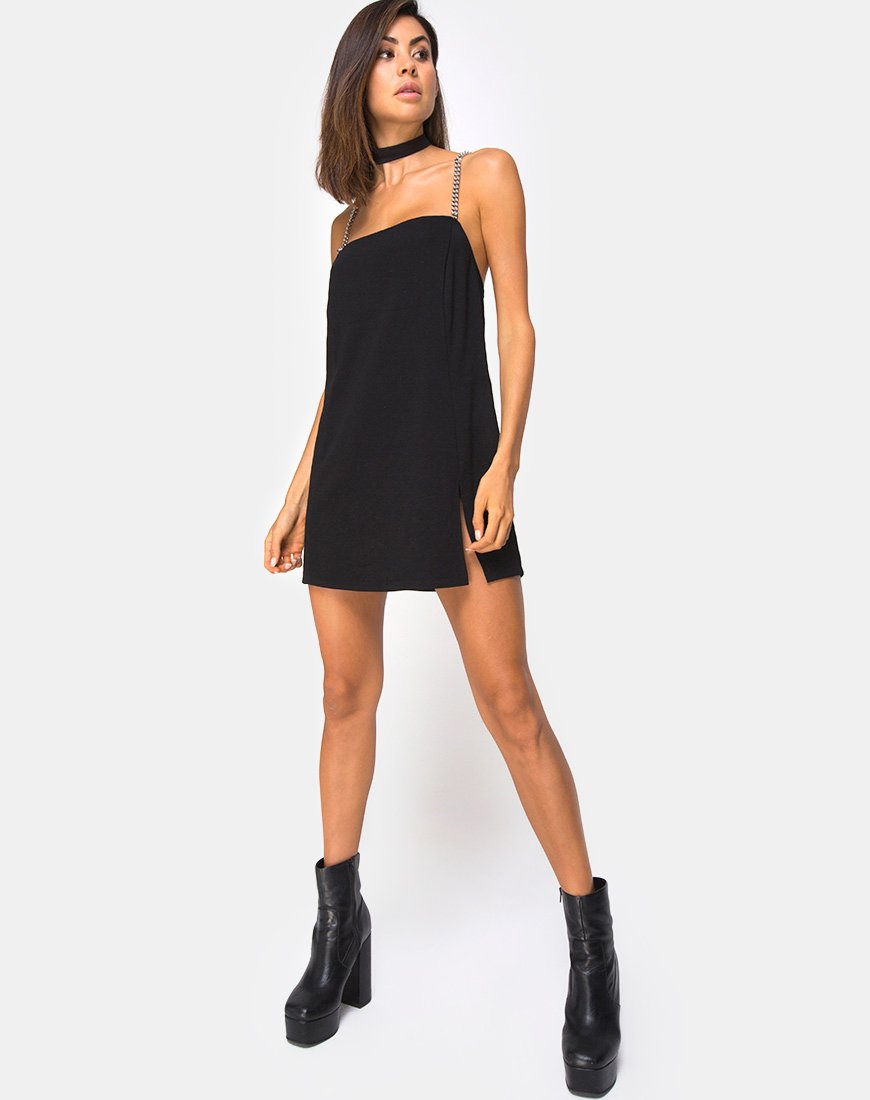 Image de la mini robe Chanista en noir avec chaîne en argent
