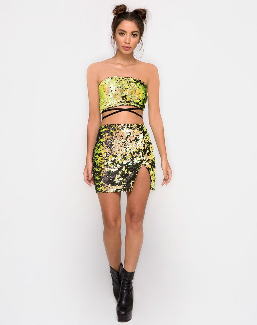Image de la jupe fendue Cheri en Citrus Black Sequin
