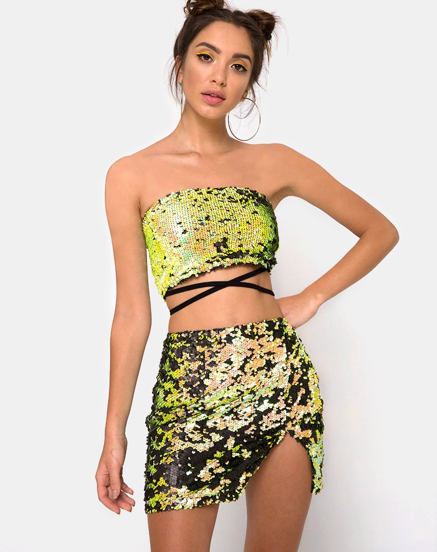 Image de la jupe fendue Cheri en Citrus Black Sequin