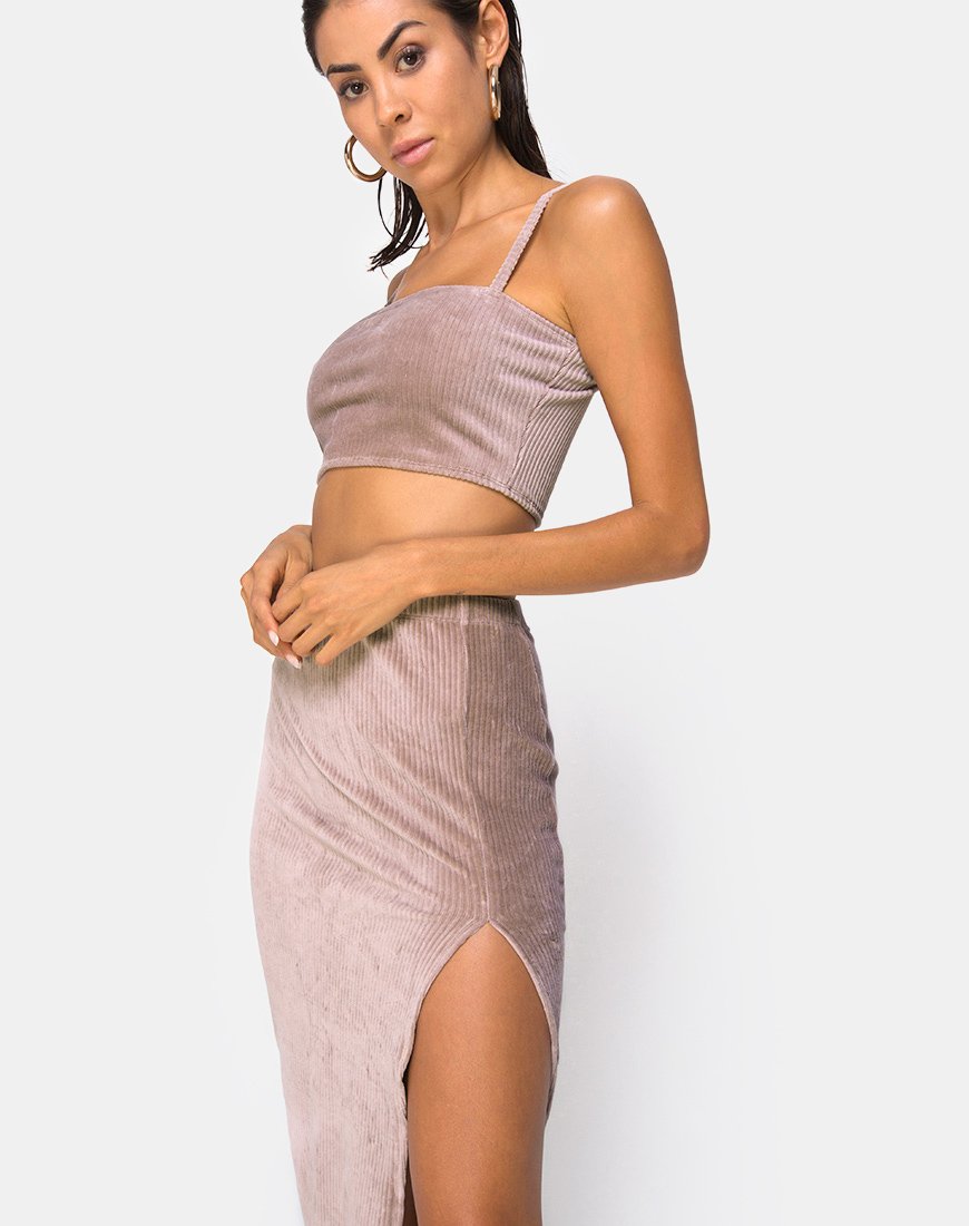 Jupe midi fendue Cheri en taupe côtelé