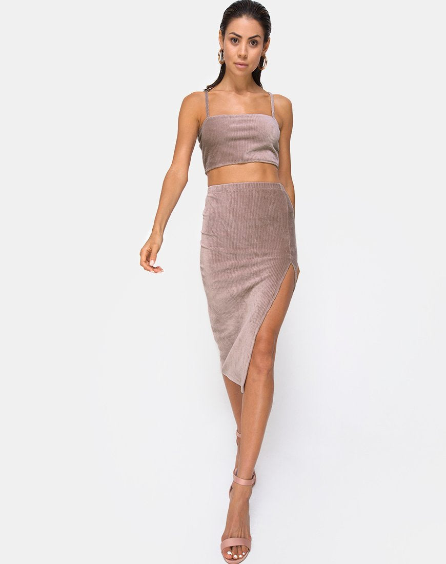Jupe midi fendue Cheri en taupe côtelé