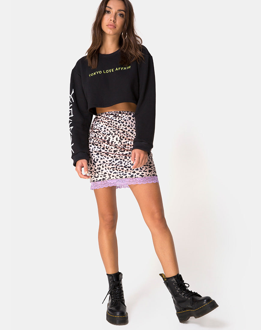 Image de la jupe Cherry en satin animal avec dentelle lilas