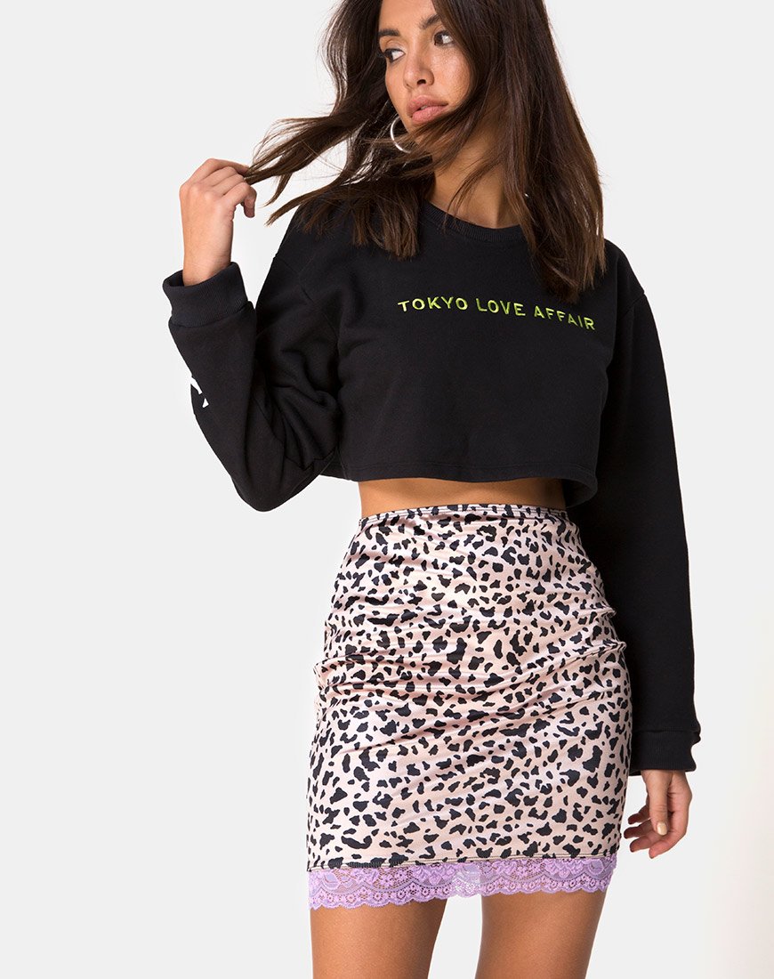Image de la jupe Cherry en satin animal avec dentelle lilas