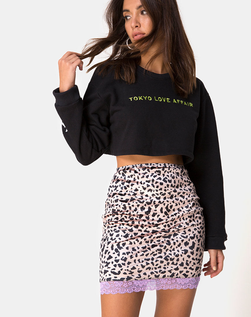 Image de la jupe Cherry en satin animal avec dentelle lilas