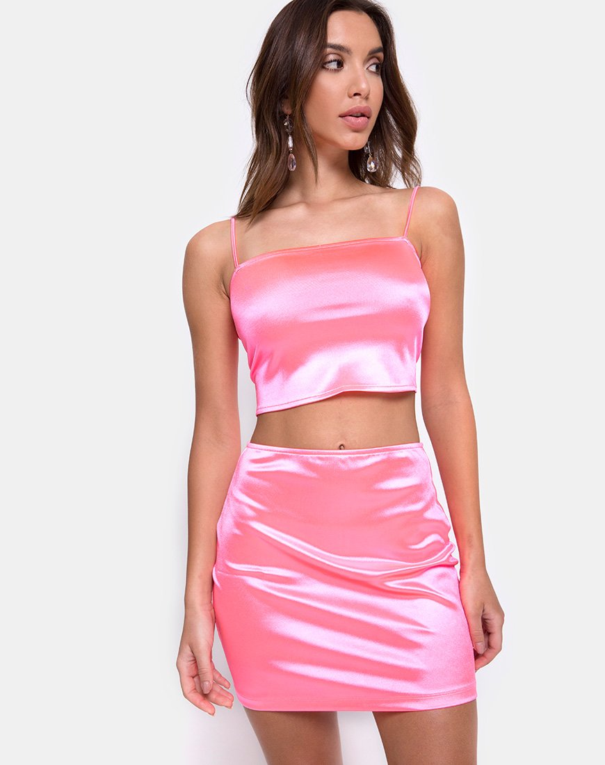 Jupe Cherry en satin rose fluo