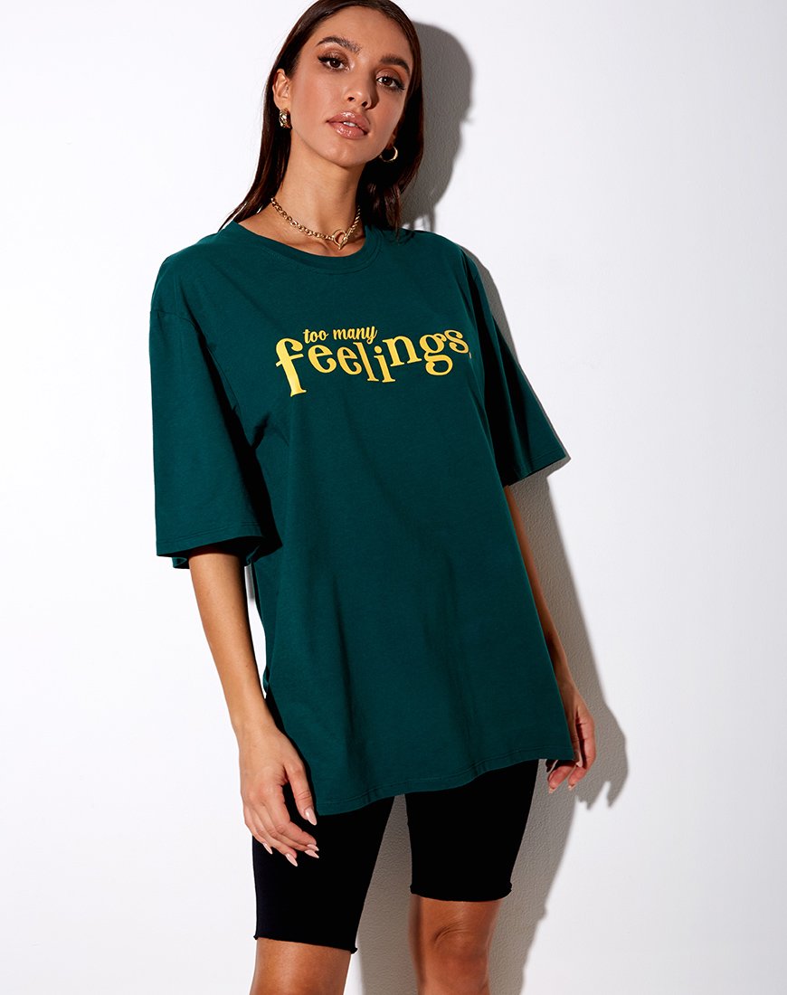 T-shirt Cocoon en vert bouteille "Too Many Feelings" (trop de sentiments)