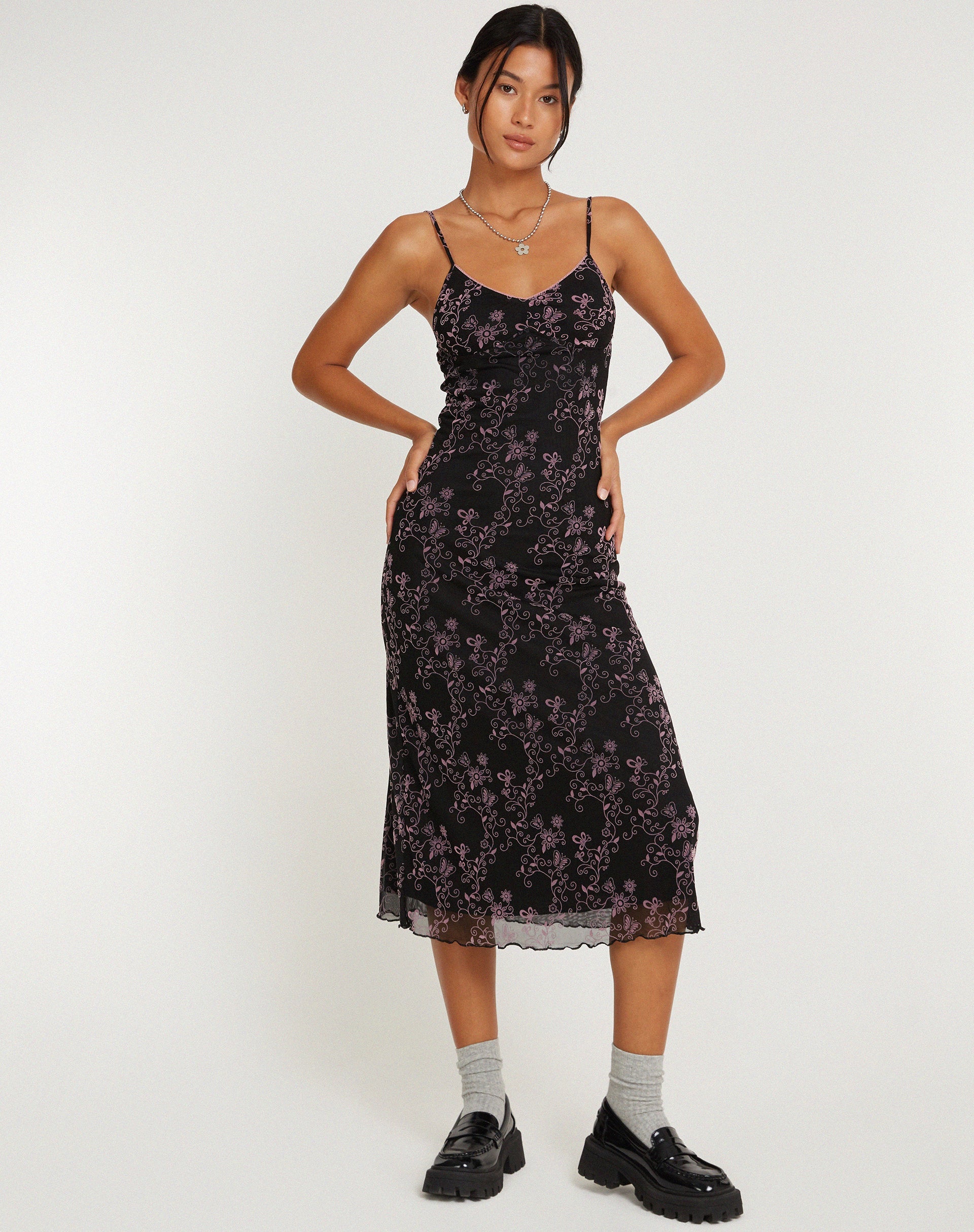 image de Cotina Midi Dress in Butterfly Vine Flock Black and Pink