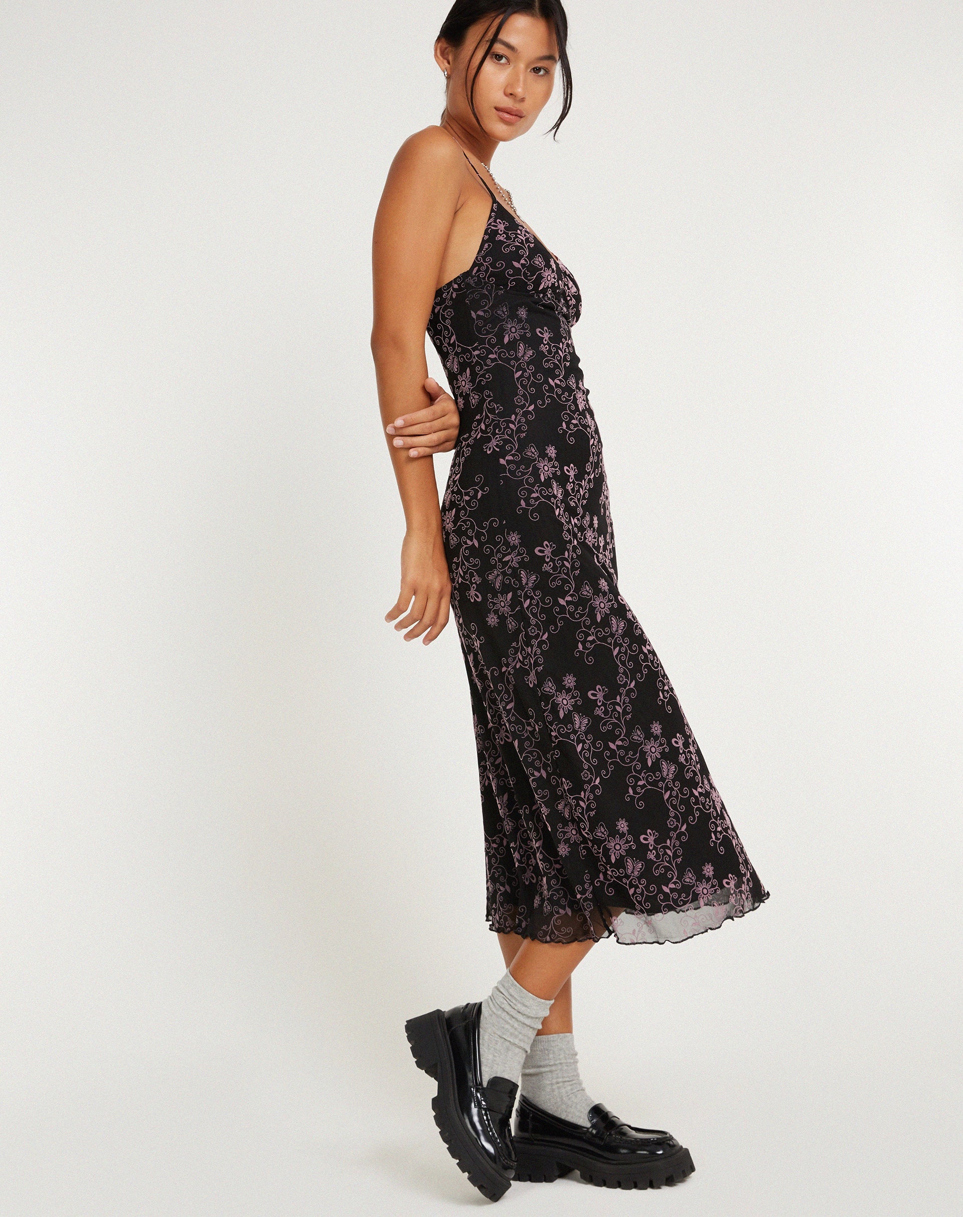 image de Cotina Midi Dress in Butterfly Vine Flock Black and Pink
