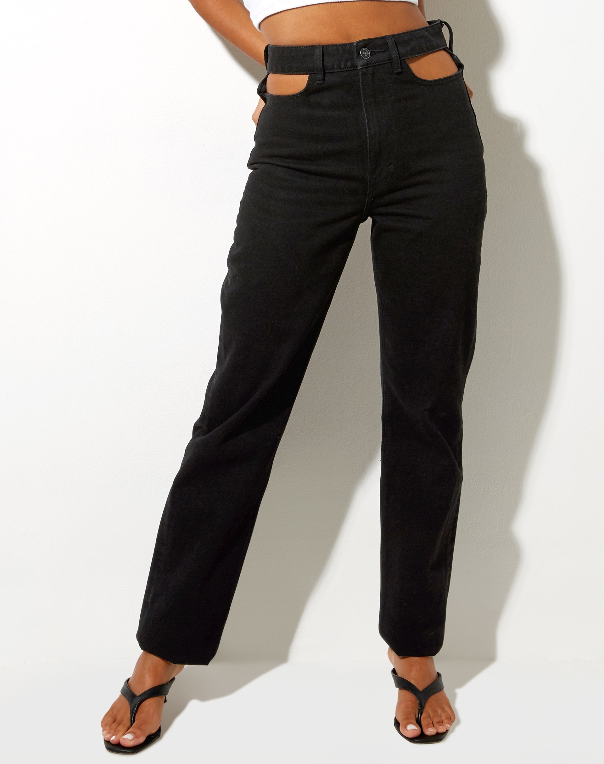 Image of Cut Out Straight Leg Jean in Black Wash