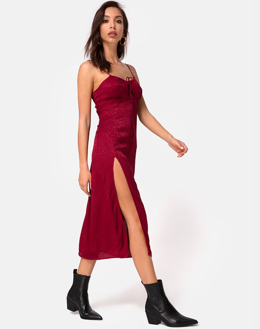 Image of Cypress Midi Dress in Satin Cheetah Raspberry