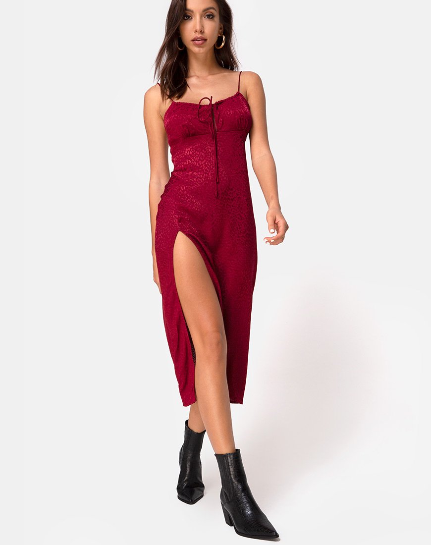 Robe midi Cypress en satin Cheetah Framboise