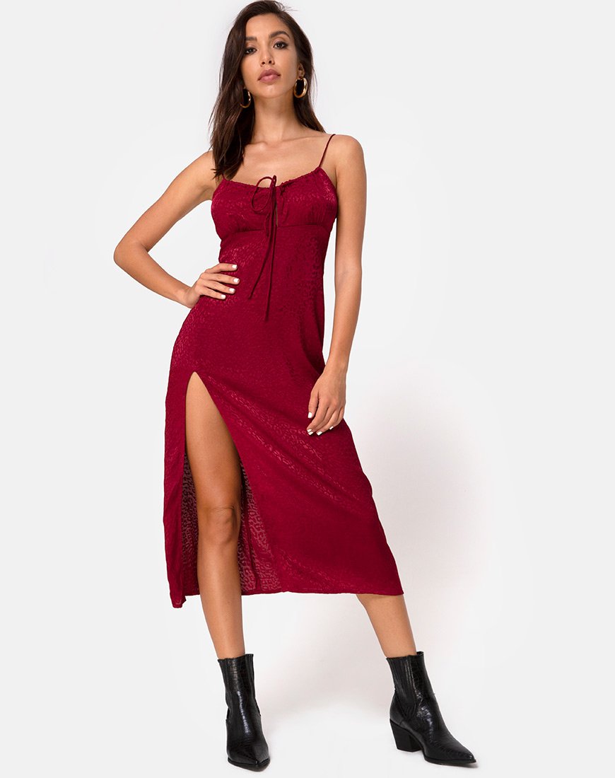 Image of Cypress Midi Dress in Satin Cheetah Raspberry