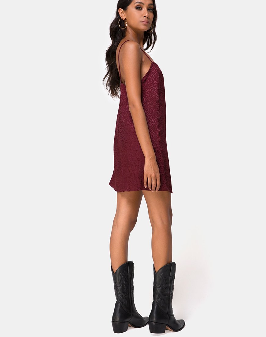 Image of Datista Slip Dress in Satin Cheetah Burgundy