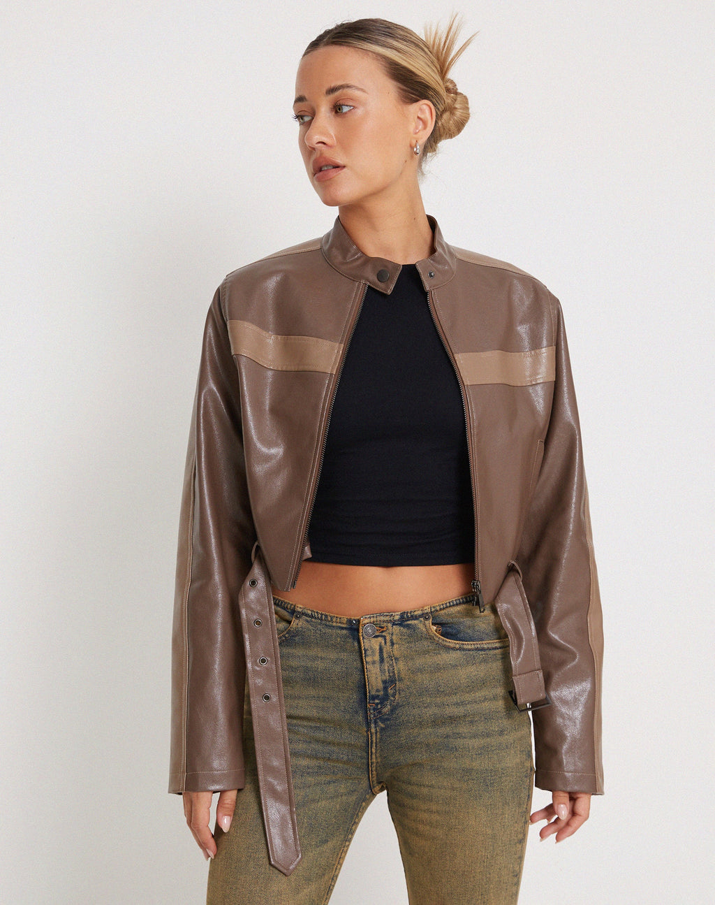 Veste zippée Derby en PU brun ton sur ton