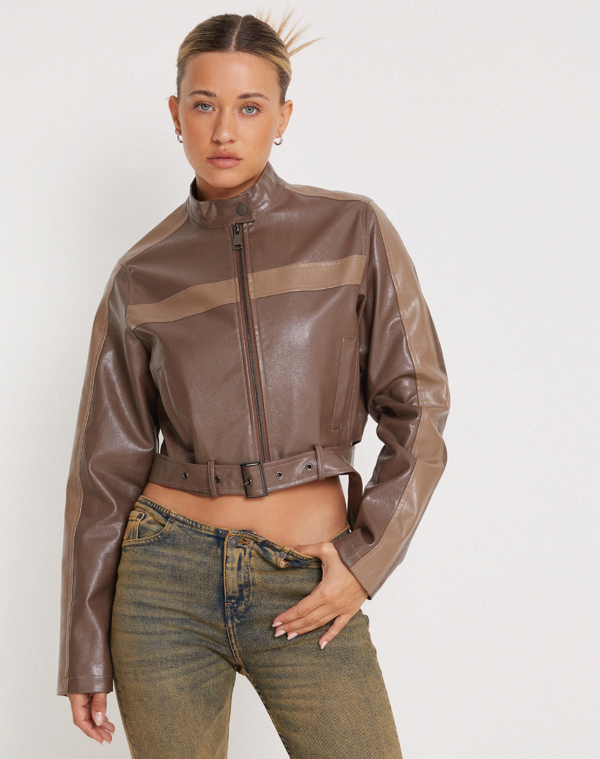 Image de la veste zippée Derby en PU Tonal Brown