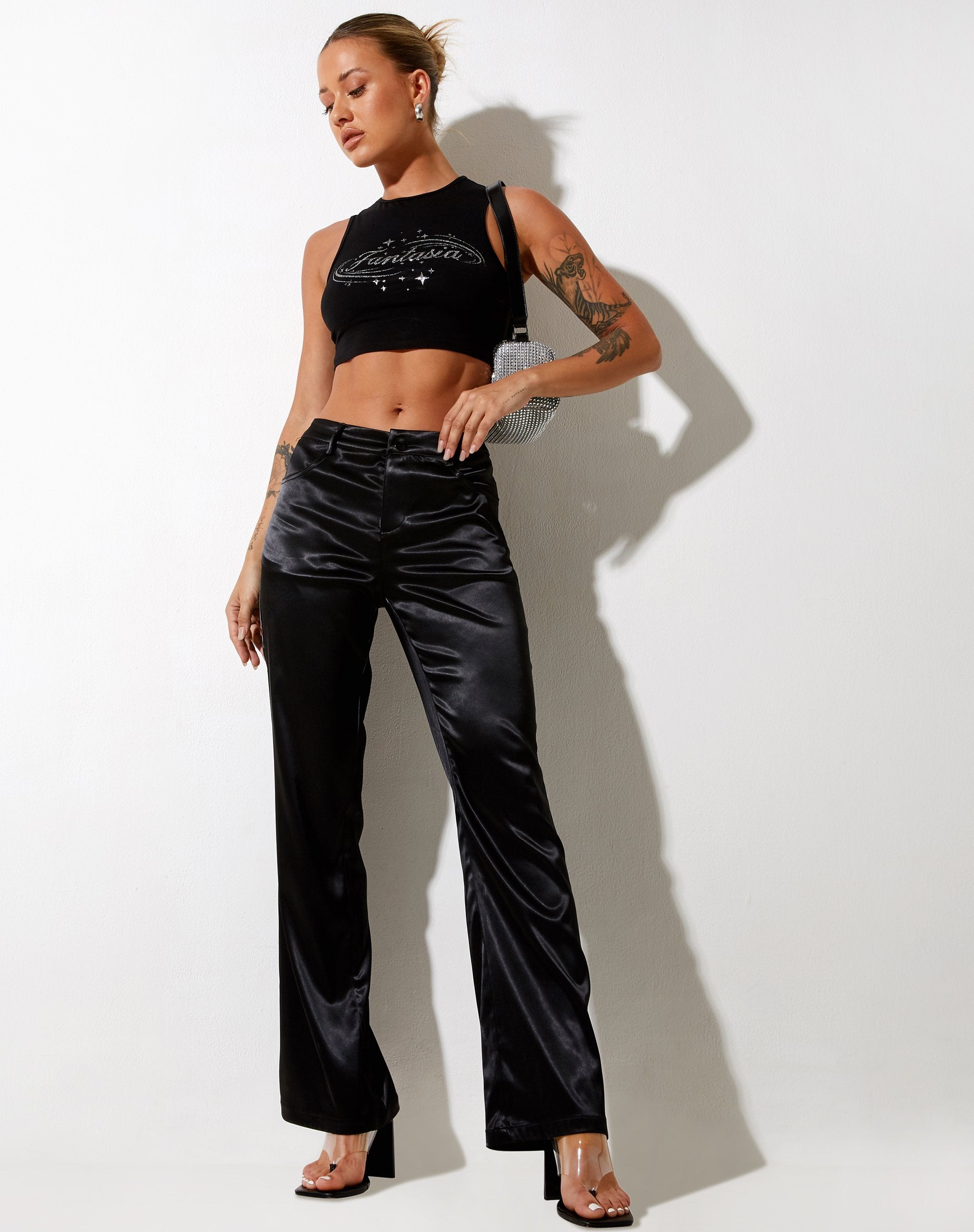 Image de Desta Pantalon en satin noir Fantasia Diamante