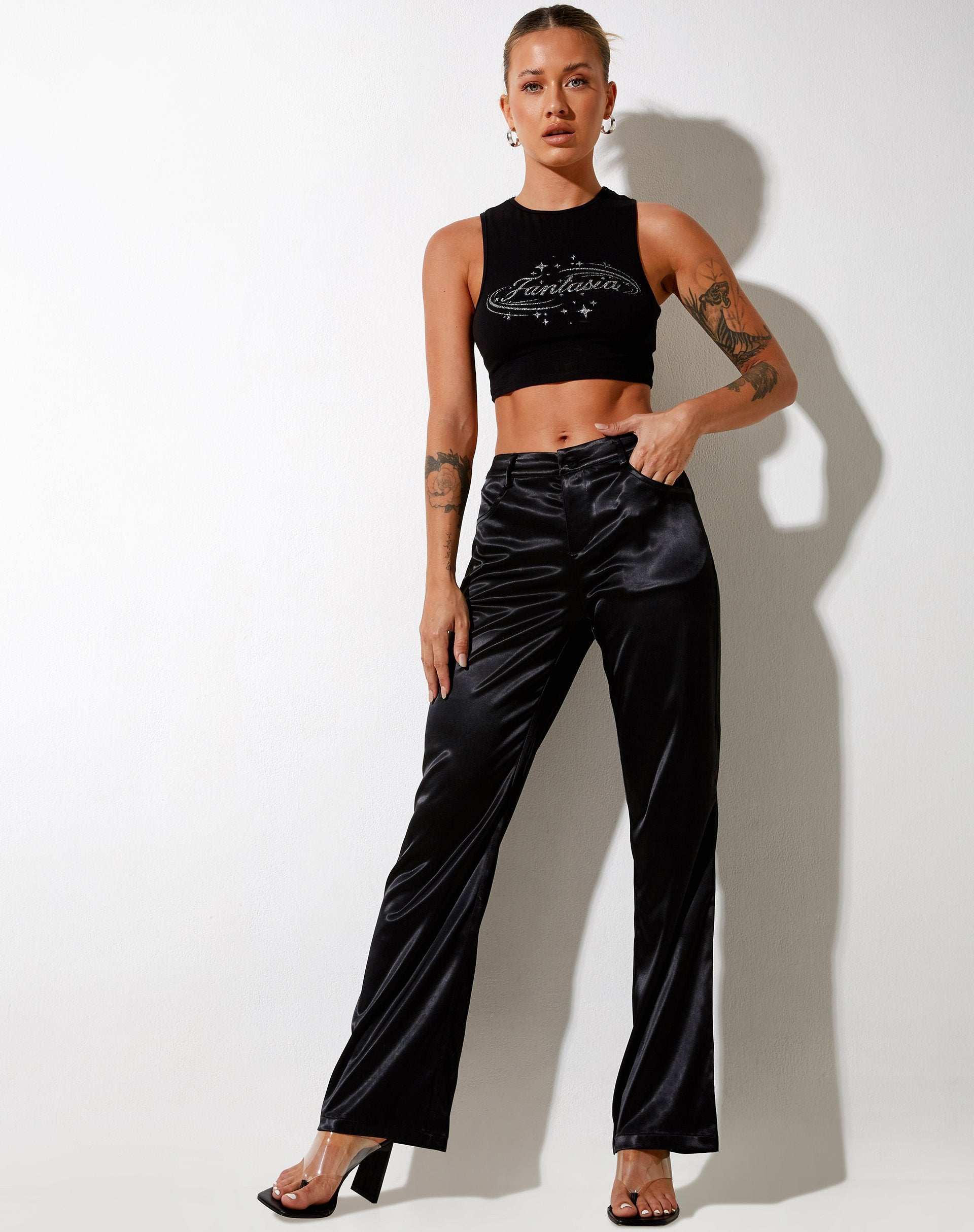 Image de Desta Pantalon en satin noir Fantasia Diamante