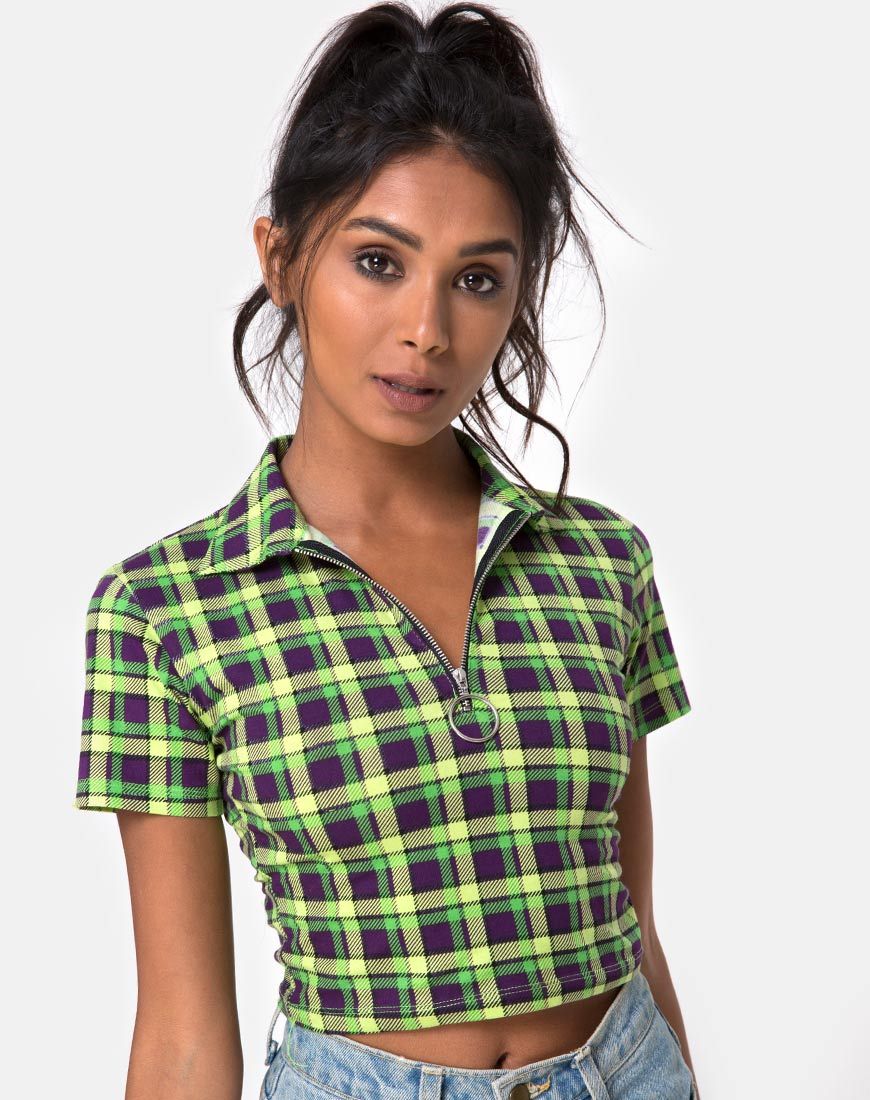Dhen Crop Top à carreaux verts et violets