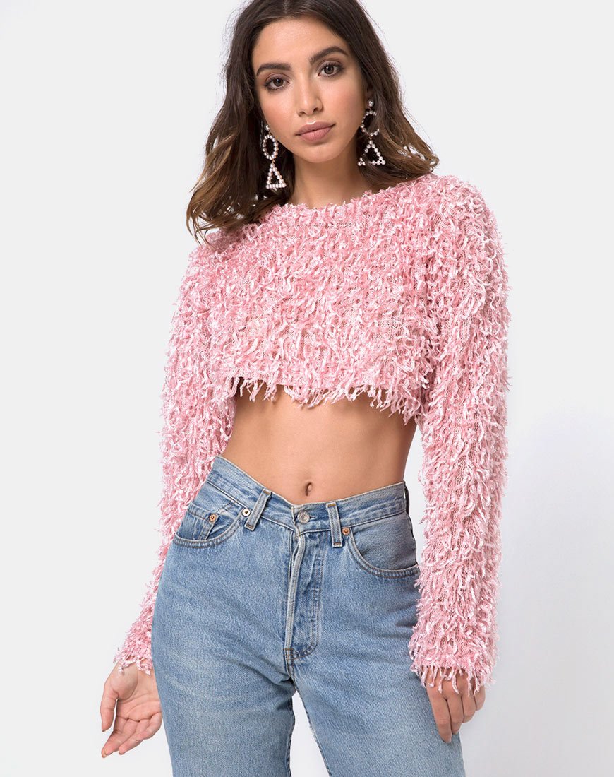 Image de Diabla Crop Jumper in Shaggy Knit Sugar Pink