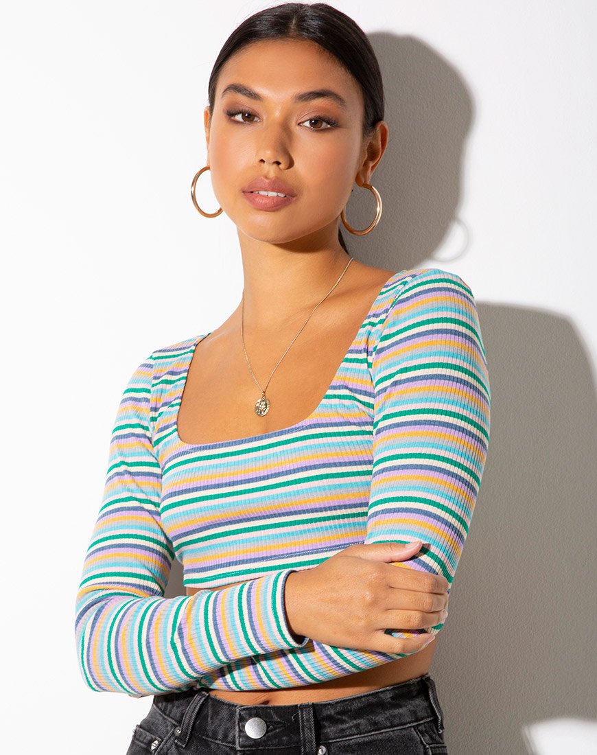 Image de Adea Crop Top in Rib Green Purple and Yellow by Motel