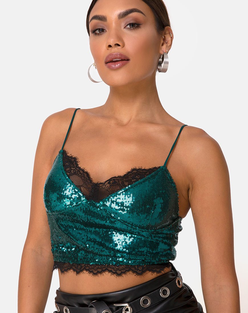 Top Drilly en mini paillettes sarcelles avec dentelle noire