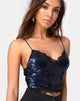 Image de Drilly Crop Top in Midnight Mini Sequin with Black Lace