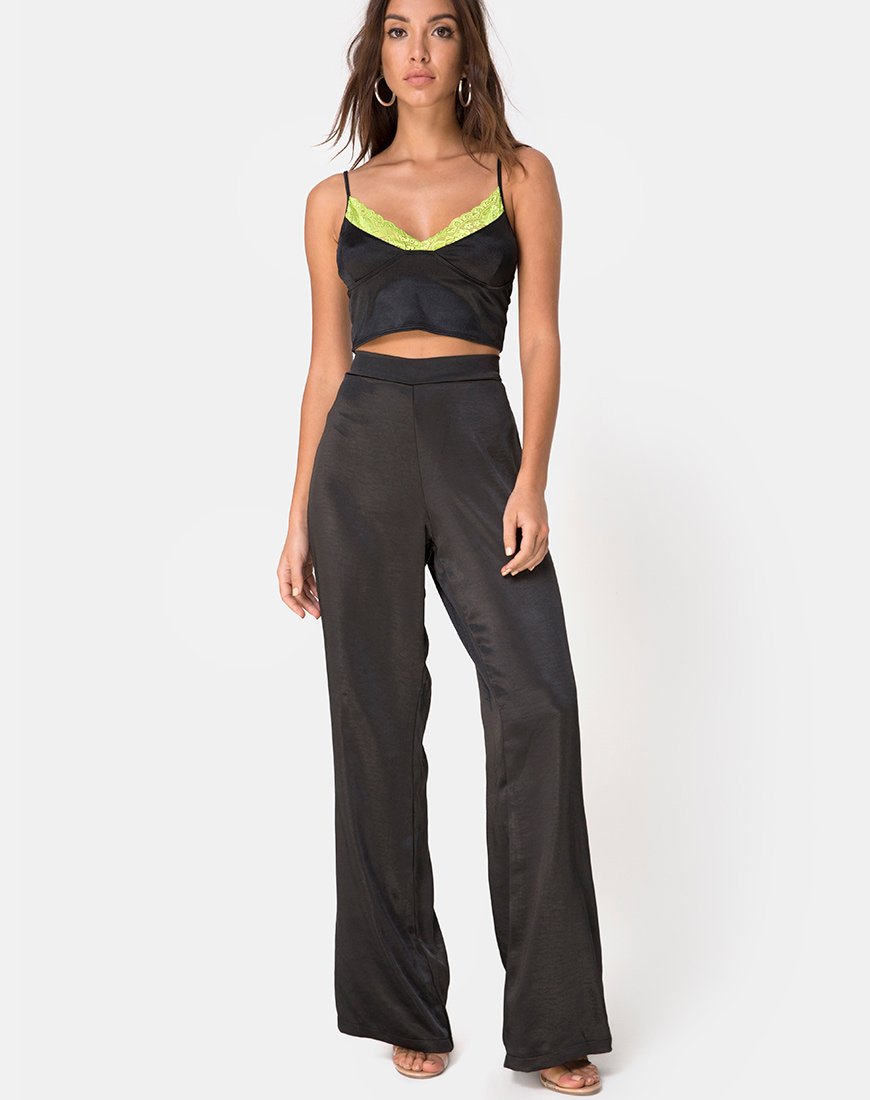 Image de Dyrilla Top en satin noir avec dentelle citron vert